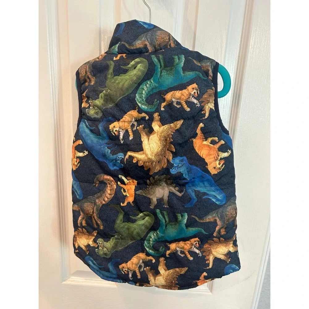 MoMoLand Puffer Vest Blue Dinosaur Tiger Print Zip Up Quilted Sleeveless Jacket‎